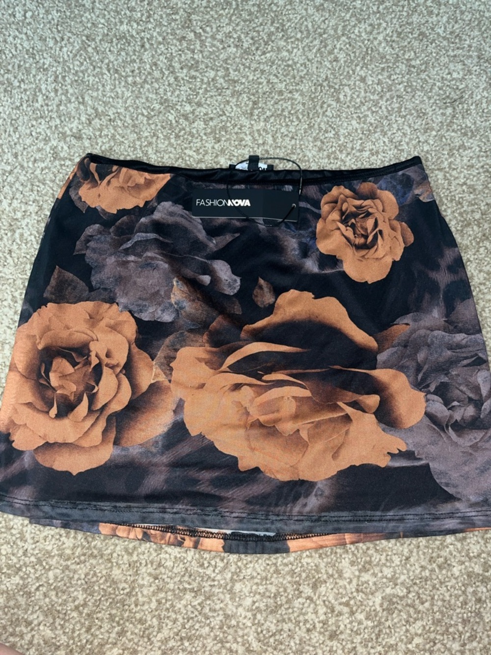 Fashion Nova Black Mini Skirt with Brown Rose Print